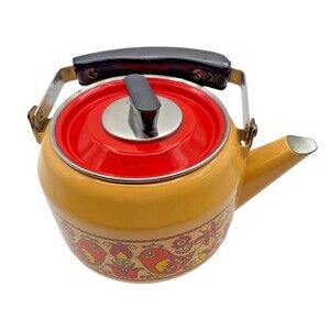 Vintage Fancipans Enamelware Teapot Orange Yellow Birds Flowers RARE